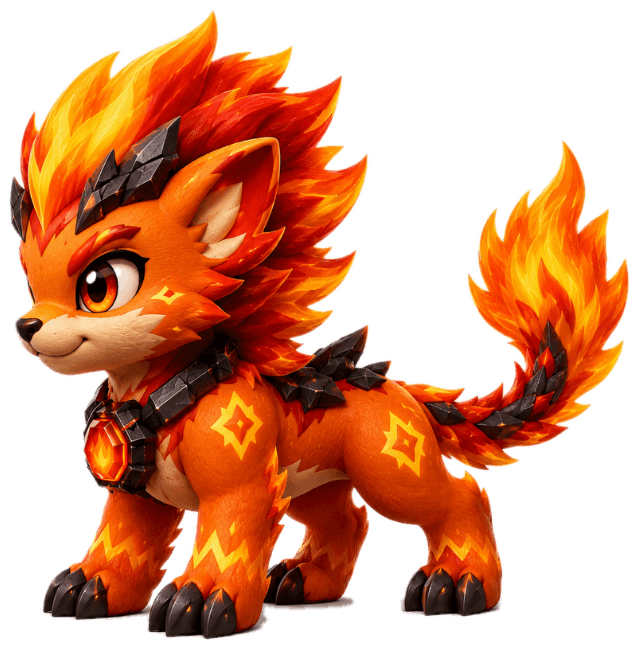 Flarion, a fiery fox-like Builder Beat with a glowing Builder Core on its chest